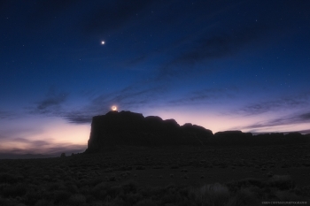 Venus and crescent moon over Fort Rock
