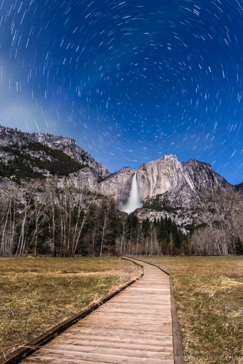 Star trails over Yosemite Falls